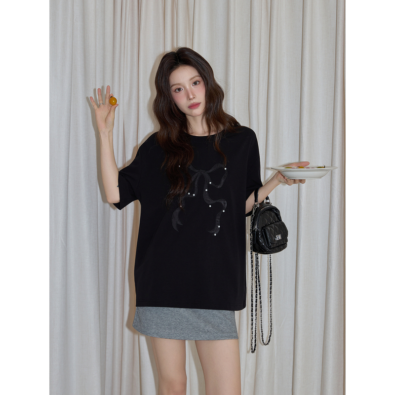 Cha Cha Jia Black Bowknot Beaded Embroidered Half-Sleeve T-Shirt for Women 2026 Summer Lazy Loose Slimming Short-Sleeve Top