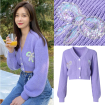 Shen Mengchen with a bow short purple sweater cardigan jacket womens knitted top spring and autumn loose outside wear