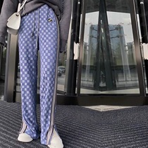Blue split checkerboard pants women 2021 New High waist straight casual pants women Spring and Autumn ins tide loose