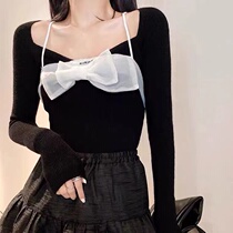 Black square collar early autumn coat female ins long sleeve Hong Kong flavor design sense niche two-piece set inside with base knitting