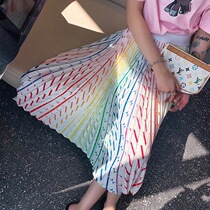 Color contrast stitching printing high waist thin Chiffon medium long pleated white skirt womens a-word summer new