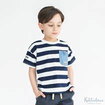 Kiddielove Japanese childrens clothing Br cotton sweat-absorbing denim pocket casual all-match short-sleeved T-shirt
