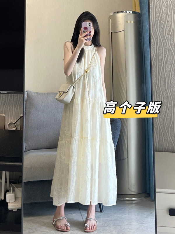 Monet Tall Version Extended Halter Neck Vacation Style Ankle-Length Dress for Women, Pure and Alluring, Showing Collarbone, Lace Dress