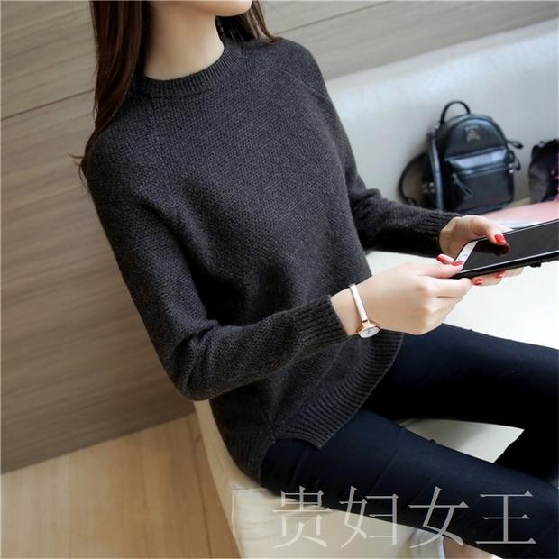 Phiên bản Hàn Quốc của áo len rộng áo len nữ mùa thu và mùa đông ngắn cổ tròn đáy áo sơ mi nữ dày ao thun