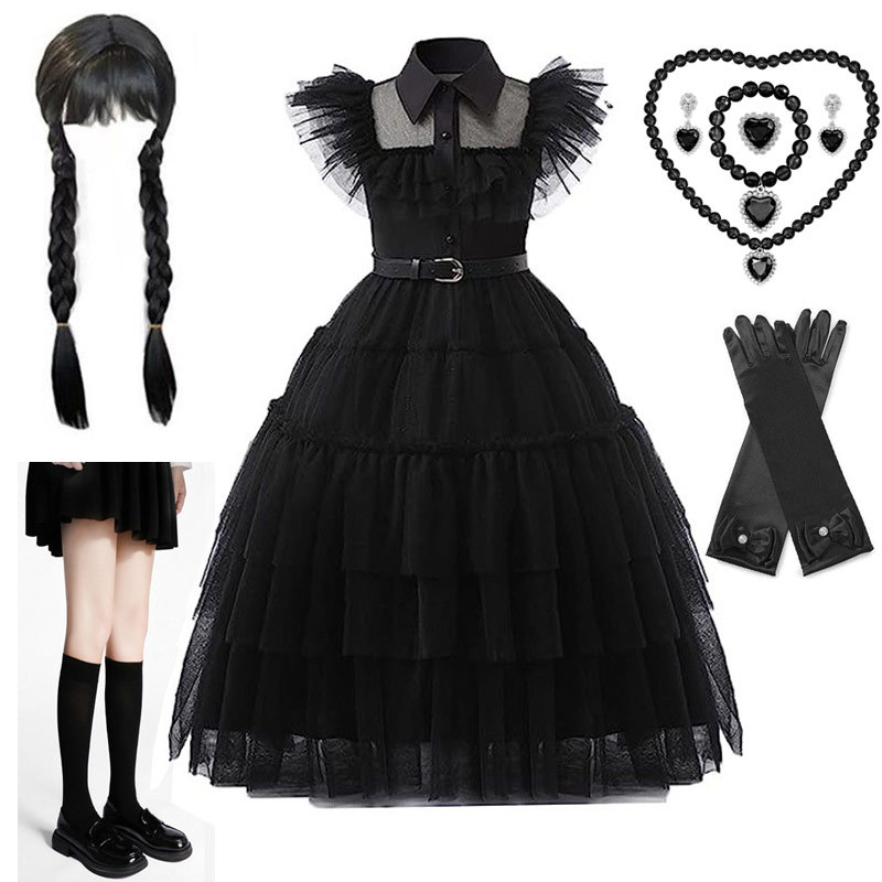 The Addams Family Wednesday Black Dress Girls' Cake Dress Cosplay Halloween Dark Style High-Quality Long Dress