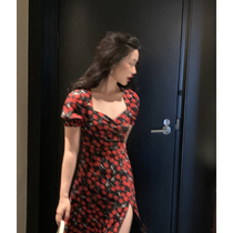 Vis golden flower French retro dress female 2021 slim temperament waist bubble sleeve light ripe Hepburn skirt