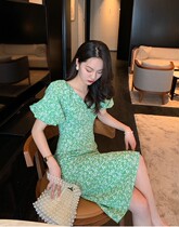Vis gold French retro green flower dress female summer waist thin bubble sleeve tea break long skirt