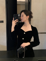 Vis King Hepburn style French vintage velvet dress women autumn winter waist slim long sleeve small man A- line dress