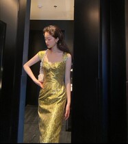 Vis gold French vintage jacquard sling dress female 2021 waist thin temperament Palace style long dress