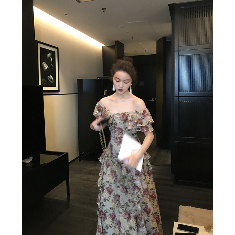 viss gold French retro floral dress women's waist is thin and sweet temperament goddess Fan Chiffon A-line dress