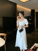 Vis gold French retro square collar white dress female summer waist thin bubble sleeve back hollow long skirt