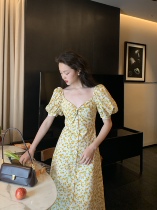 Vis gold French retro large square collar floral dress female summer waist thin bubble sleeve tea break skirt
