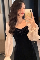 Vis gold bubble sleeve stitching French retro velvet dress women autumn and winter waist thin Hepburn small black dress