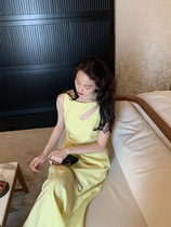 Vis gold irregular design sense niche temperament dress female summer waist thin goddess fan hollow long skirt