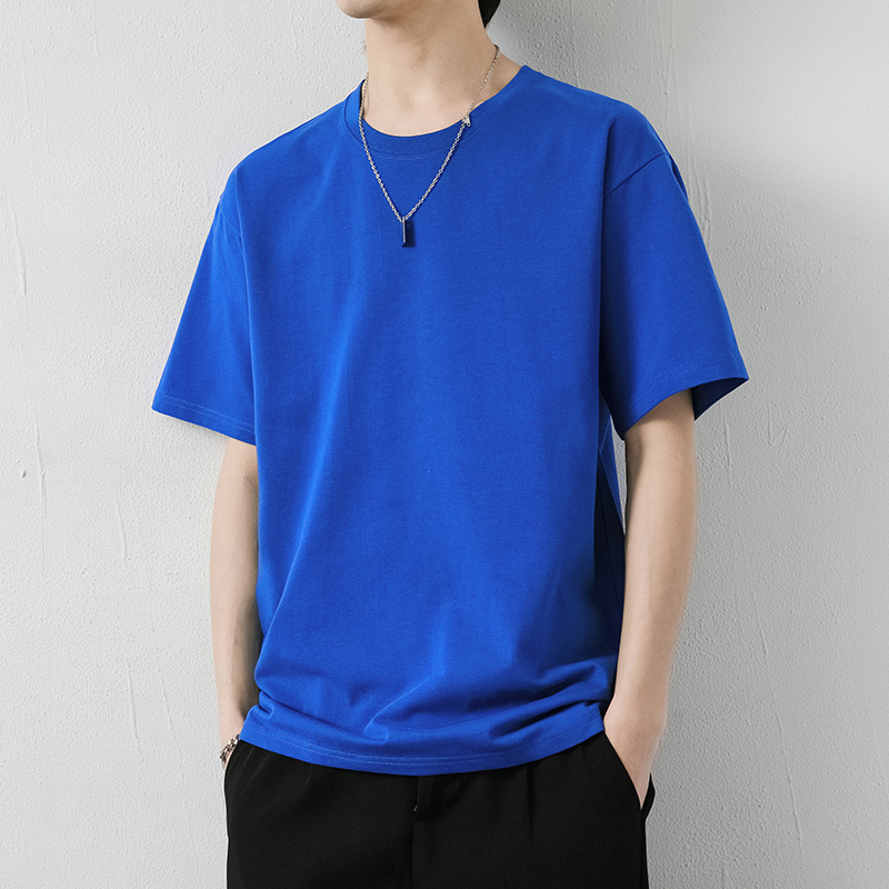 Cotton T-Shirt Men's Short-Sleeved T-Shirt Summer Thin Klein Blue Solid Color Round Neck Unisex Loose Top