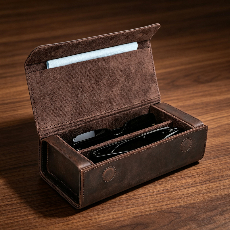 Genuine Leather Glasses Storage Box, Sunglasses Case, Multi-Compartment Portable Anti-Pressure Protective Case, Storage Organizer