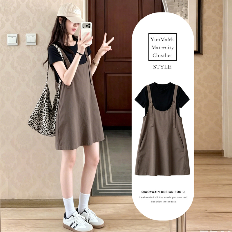 Maternity Dress for Summer Wear 2026 New Korean Style Loose Casual Age-Reducing Suspender Dress Set Petite Summer Outfit Maternity Dress for Summer Wear 2026 New Korean Style Loose Casual Age-Reducing Suspender Dress Set Petite Summer Outfit