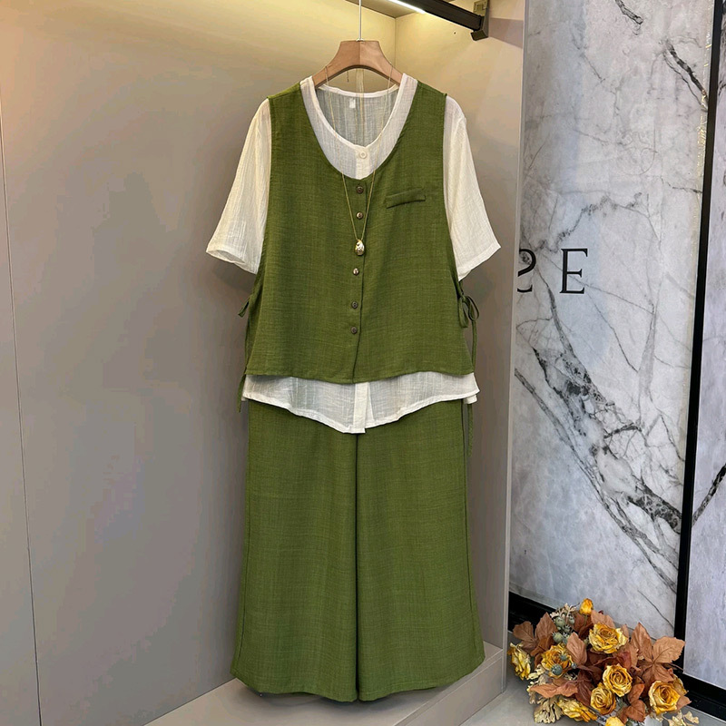 Simple Retro Half-Sleeved Shirt with Side Tie Vest and Wide-Leg Pants, Slimming Set for Plus-Size Women, New Plus-Size Women's Clothing Simple Retro Half-Sleeved Shirt with Side Tie Vest and Wide-Leg Pants, Slimming Set for Plus-Size Women, New Plus-Size Women's Clothing