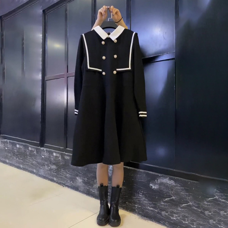 Plus-Size Women's Clothing for Fat Girls, New Autumn and Winter Black Dress, Preppy Style, Versatile, Slimming, Long-Sleeved, Loose Dress