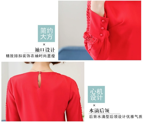 Áo voan nữ tay dài 2018 mùa thu mới Hàn Quốc phiên bản áo sơ mi cộc tay rộng size cổ tròn khoét cổ ren