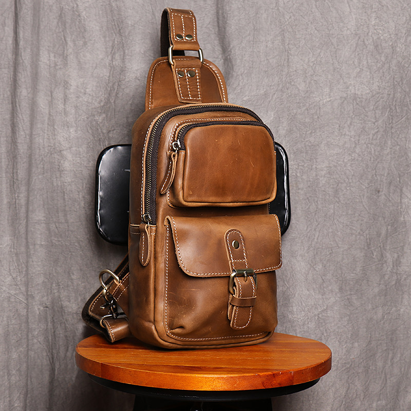 Men Retro Handmade Genuine Leather Chest Bag Casual Diagonal Scapegoat Layer Bull Leather Single Shoulder Bag Mad Mapi Individuality Boomer Bag