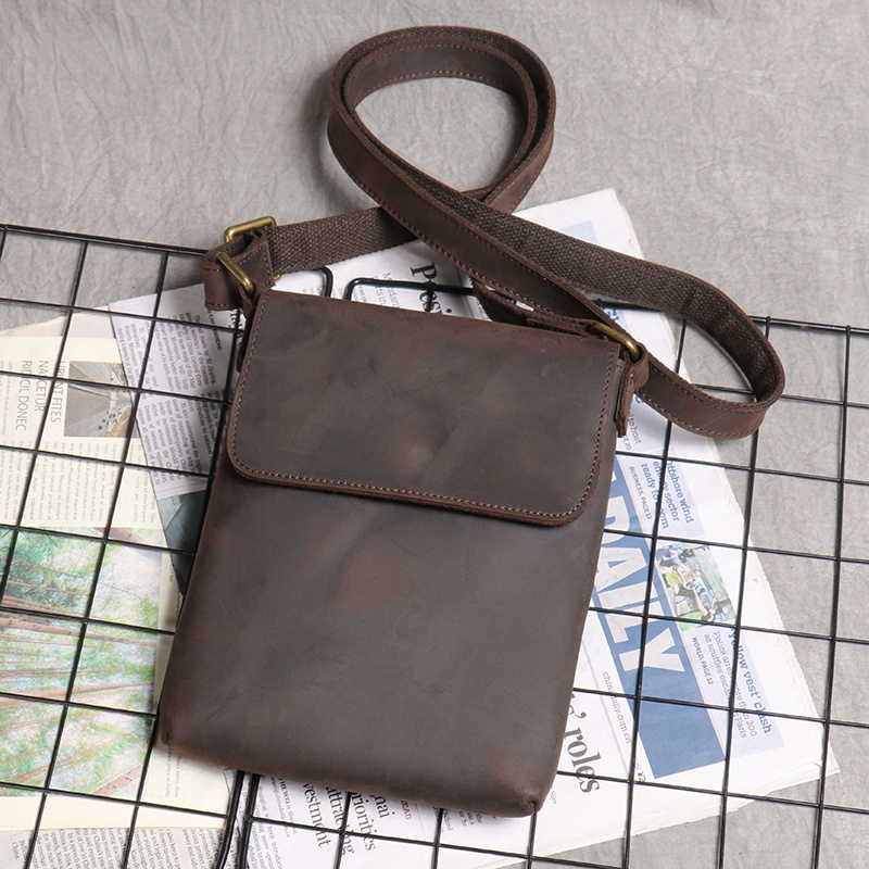 Genuine Leather Retro Mobile Phone Bag, First-Layer Cowhide Single-Shoulder Small Crossbody Bag, Crazy Horse Leather Simple Casual Small Backpack for Men and Women