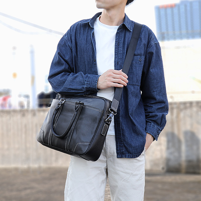 Youth Simple Leisure Brochure Business Leather Handbag Large Capacity Single Shoulder Bag Bag Bag for Male Computer Bag