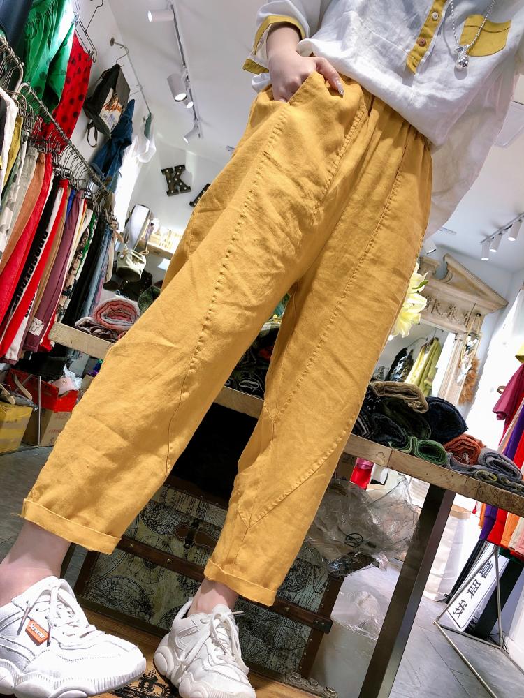 Mùa hè 2019 phong cách mới nghệ thuật giải trí quần harem quần nữ cotton và quần linen rộng kích thước lớn là quần thủy triều mỏng quần quần - Quần Harem quần jogger nữ