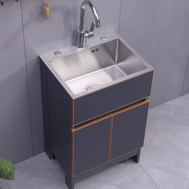 Stainless Steel Balcony Sink Cabinet Laundry Basin Integrated Dishwashing Sink Kitchen Hand Washing Floor-Standing Small Apartment Bathroom Cabinet