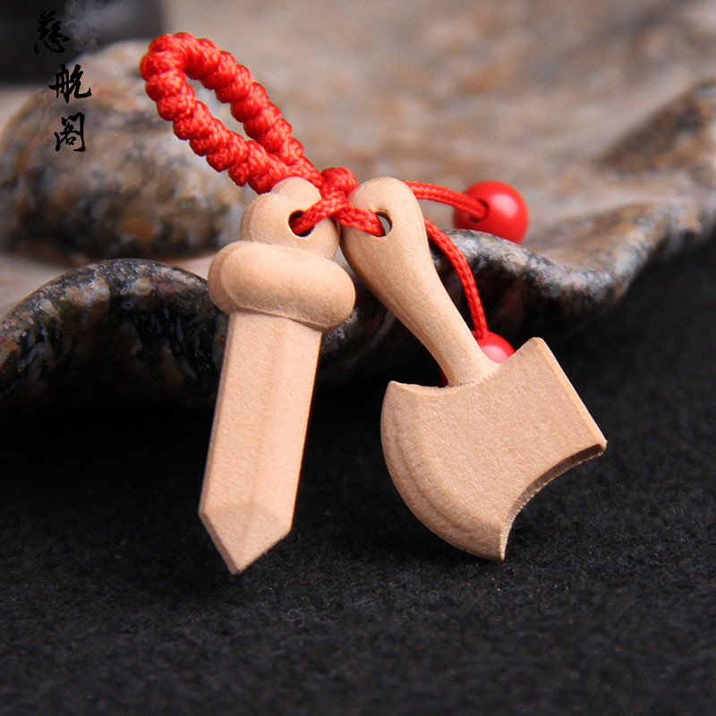 Peach wood sword axe knife wood carving primary color wooden red rope keychain pendant without paint environmental protection