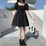 Платье, приталенная юбка, коллекция 2021, французский стиль, высокая талия, квадратный вырез, рукава фонарики