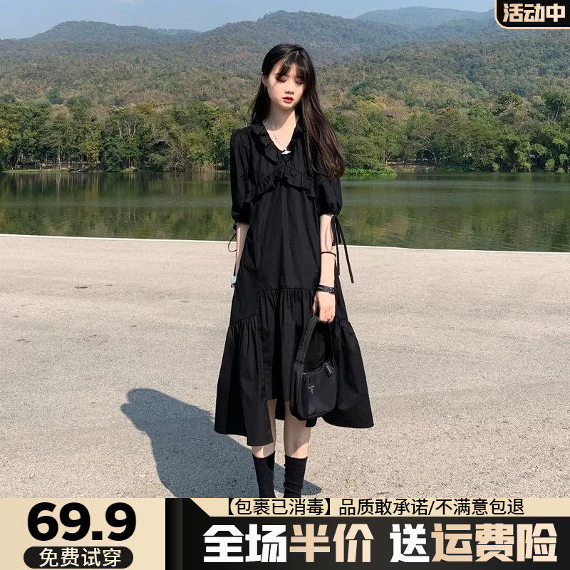 Autumn New Year's dress female fat mm 2022 new autumn temperament waist and thin black dress to cover the belly
