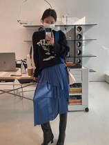 wxlstudi easy to go out to the street ~ black letter printed sweater womens high waist wide leg trousers set three sets