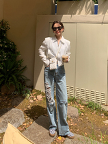 wxlstudio heart machine hole jeans women 2021 summer new light color washed high waist straight trousers