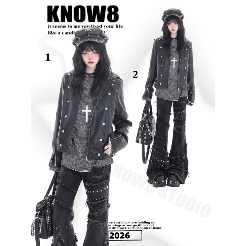 Know Punk Dark Style Double-Breasted Design Double Leather Jacket Women's Motorcycle Style Vintage Metal Buckle Short Jacket