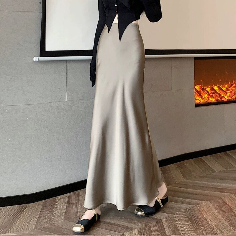 Champagne-Colored Acetate Satin Skirt for Women, Spring and Summer, Petite, Long, Drapey, High-Waisted, Elegant, Bodycon Fishtail Skirt