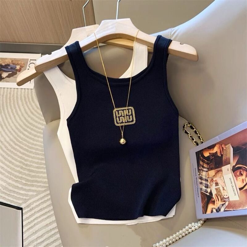 Chanel-Style Letter Embroidered Short Camisole Knit Slimming Summer Base Layer New Slim-Fit Sleeveless Top for Women Chanel-Style Letter Embroidered Short Camisole Knit Slimming Summer Base Layer New Slim-Fit Sleeveless Top for Women