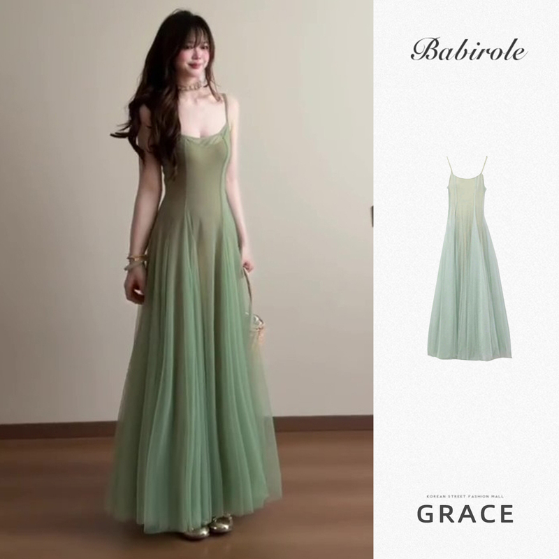 Summer French Style Stunningly Beautiful Mint Green Mesh Spaghetti Strap Dress for Seaside Vacation, Vintage Slimming Elegant Long Dress Summer French Style Stunningly Beautiful Mint Green Mesh Spaghetti Strap Dress for Seaside Vacation, Vintage Slimming Elegant Long Dress