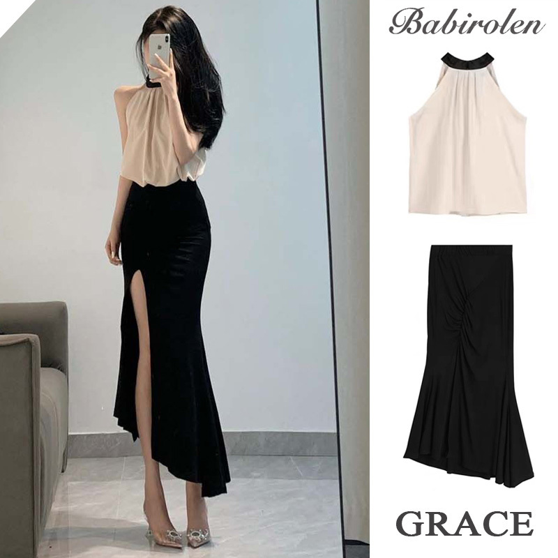 Summer New Design Niche Sweet and Cool Style Sexy Mid-Length Slit Black Bodycon Skirt
