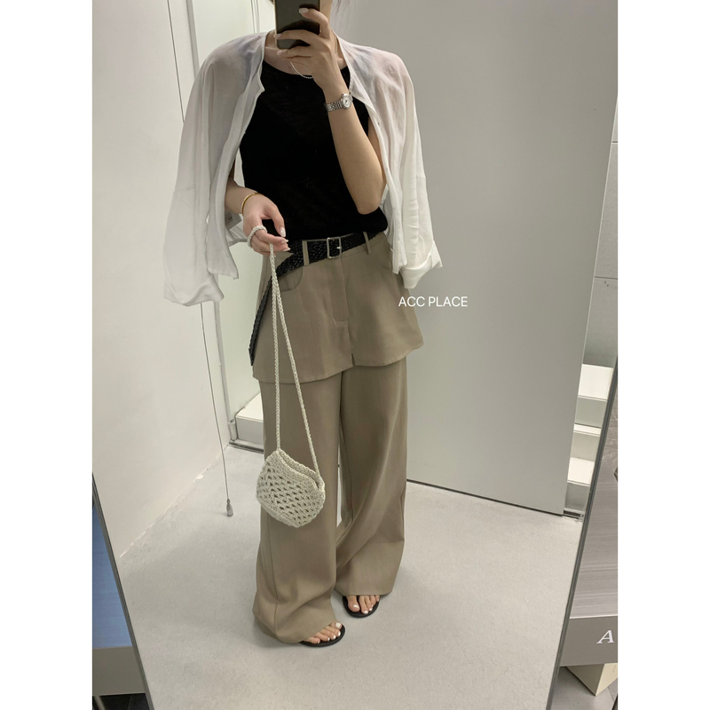Acc.Jd Focus Korean-Style Summer Lightweight Faux Two-Piece Non-Detachable Hem Wide-Leg Casual Pants (with Belt) 3321