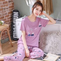  Summer cotton pajamas womens short-sleeved trousers Korean fresh students can wear home clothes outside two-piece suit spring and autumn