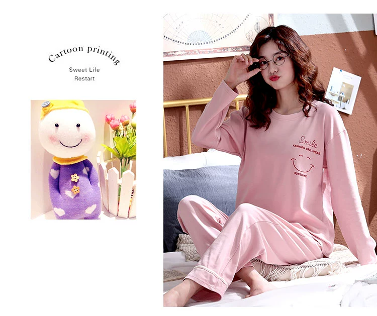 Bộ đồ ngủ nữ mùa xuân và mùa thu cotton dài tay dễ thương dịch vụ tại nhà mùa thu và mùa đông mẫu cotton tươi Hàn Quốc bộ đồ hai mảnh - Bộ Pajama