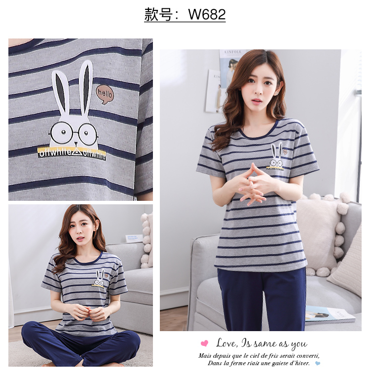 Đồ ngủ mùa hè của phụ nữ quần cotton ngắn tay ngồi trên mặt trăng lỏng lẻo kích thước lớn sọc mỏng phần phù hợp với dịch vụ nhà đồ ngủ pijama