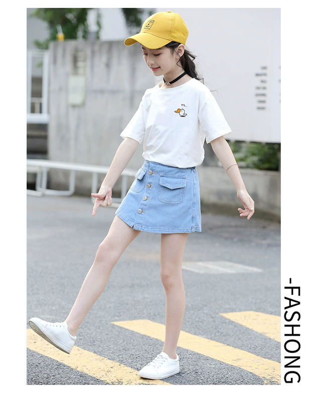 Cô gái 6 mùa hè 7 quần short denim mặc ngoài 8 phong cách nước ngoài 9 trẻ trung 10 cô gái nhỏ quần váy trẻ em 12 tuổi đầu quần đùi - Quần jean