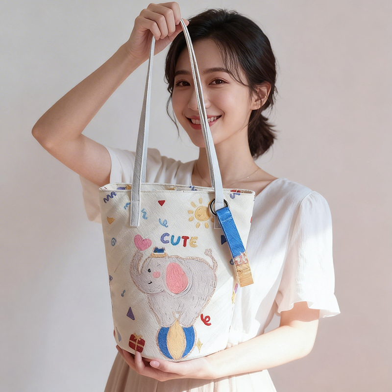2026 New Elephant Canvas Bag Upgraded with Zipper, Large Capacity Bucket Bag for Commuting, Women's Shoulder Crossbody Bag, Mommy Bag