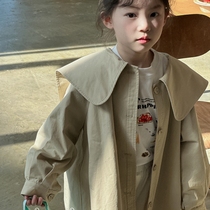 韩国品牌早安家女童外套2024春装新款学院风翻领儿童上衣中长风衣