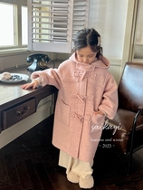 Korean high-end S brand boys and girls jacket 2023 winter horn button hooded double-sided cashmere coat with down lining