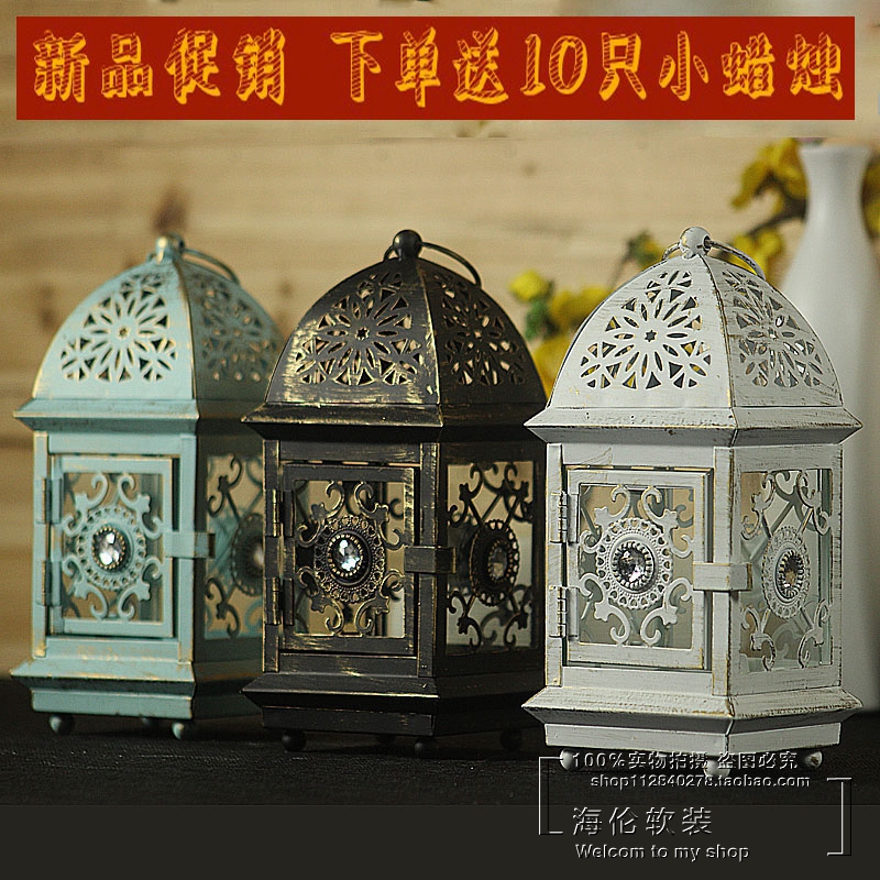 European retro Wrought iron glass hollow windproof candlestick Romantic creative decoration windproof lamp Kerosene lamp Wedding props ornaments