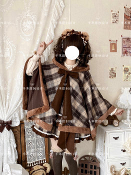 Plaid fur edge versatile cloak hooded wool cloak coat lolita full style direct photo