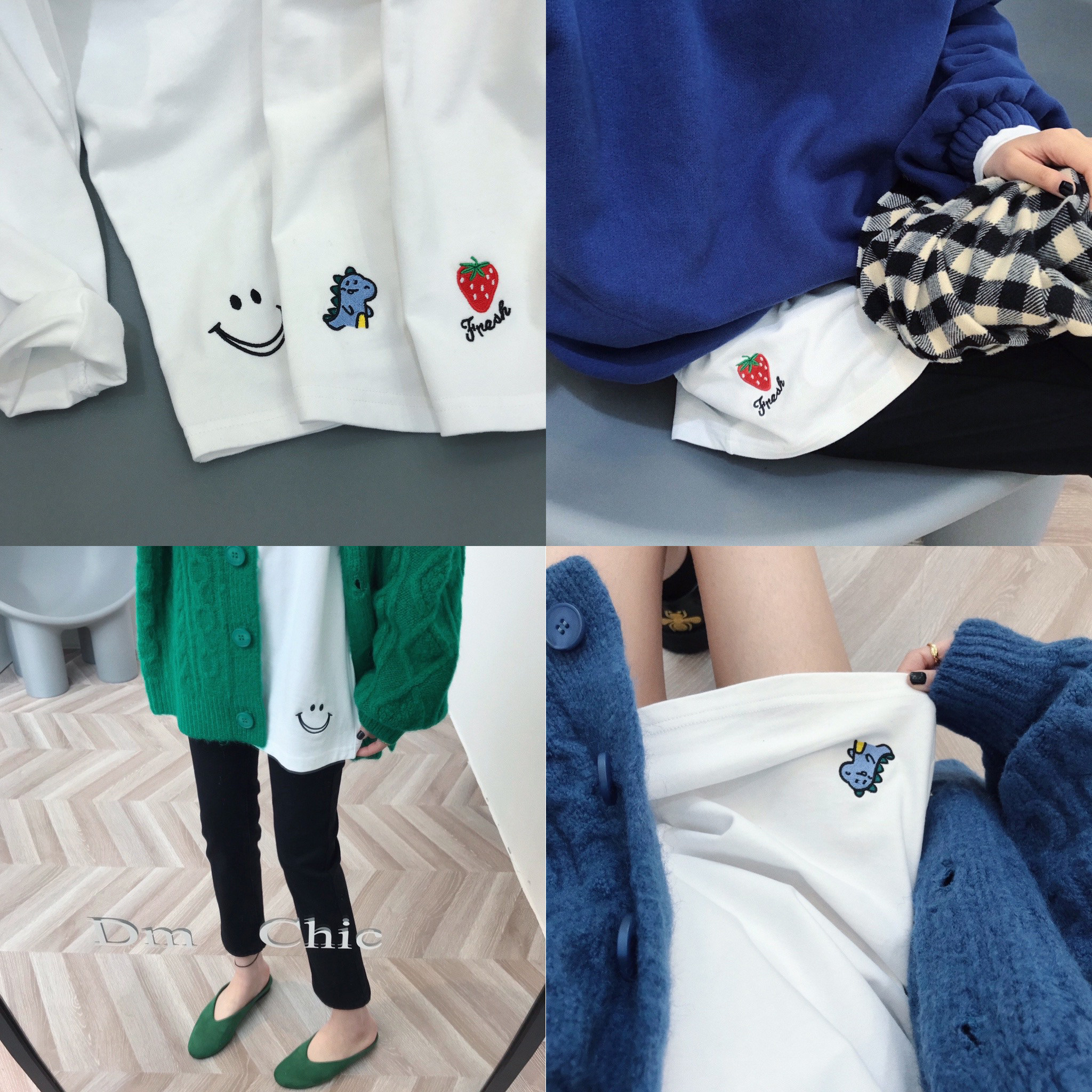 Dameng new in early spring, you will feel better if you wear it~ round neck embroidery bottoming pure cotton mid-length T-shirt tee for women